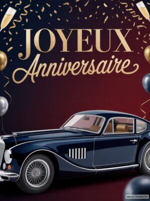 Carte virtuelle anniversaire homme, voiture de collection bleue, confettis dorés et bulles.
