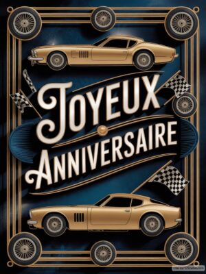 Carte virtuelle anniversaire hommes, voitures dorées et drapeaux.