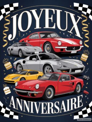 Carte virtuelle anniversaire hommes, voitures de collection animées, ambiance festive.
