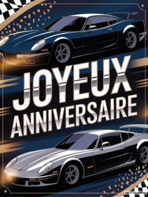 Carte virtuelle anniversaire voitures sport, design sombre avec drapeaux et confettis.