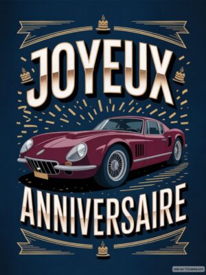 Carte virtuelle anniversaire homme, voiture de sport rouge, design vintage.