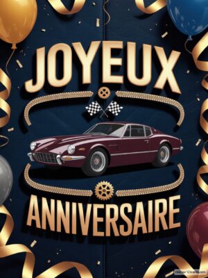 Carte virtuelle anniversaire homme, voiture vintage bordeaux, drapeaux à damiers, animations.
