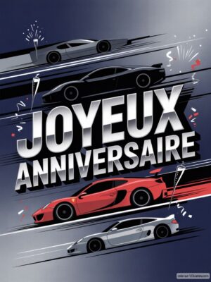 Carte virtuelle anniversaire hommes, voitures de course animées, fond bleu nuit.