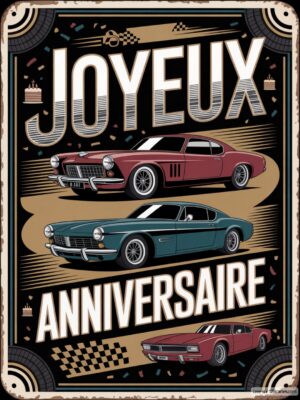 Carte virtuelle anniversaire hommes, voitures vintage rouges et bleues, ambiance rétro.