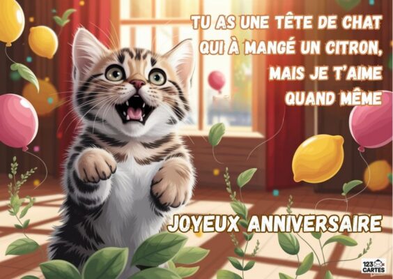 Carte d'anniversaire humoristique avec un chaton tigré aux grands yeux expressifs et à la bouche ouverte, entouré de ballons colorés et de citrons.