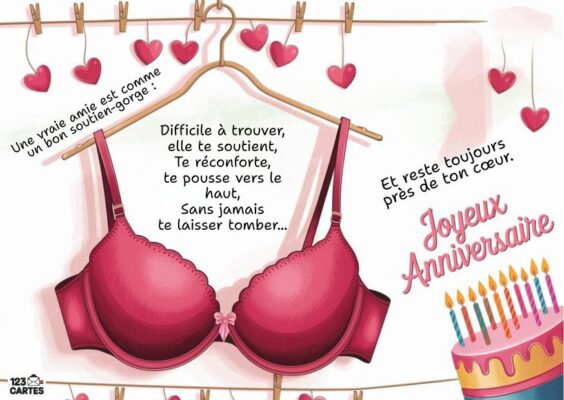 Carte d'anniversaire originale représentant un soutien-gorge rose suspendu à une corde à linge avec des cœurs.