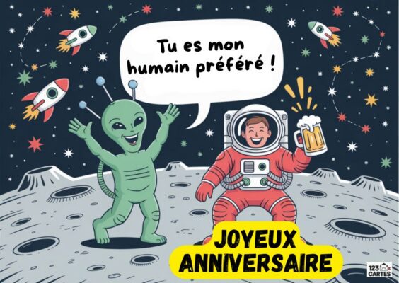 Carte d'anniversaire spatiale avec un alien vert souriant et un astronaute en combinaison rouge tenant une bière sur une surface lunaire.