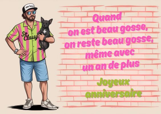Carte d'anniversaire urbaine avec un homme branché en chemise verte rayée, casquette et lunettes de soleil, tenant un petit chien noir devant un mur de briques roses.