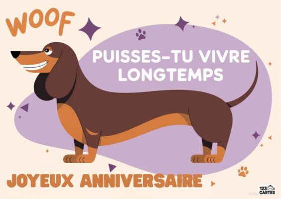 Carte d'anniversaire mignonne avec un teckel marron et orange souriant sur fond violet décoré d'étoiles et de pattes.