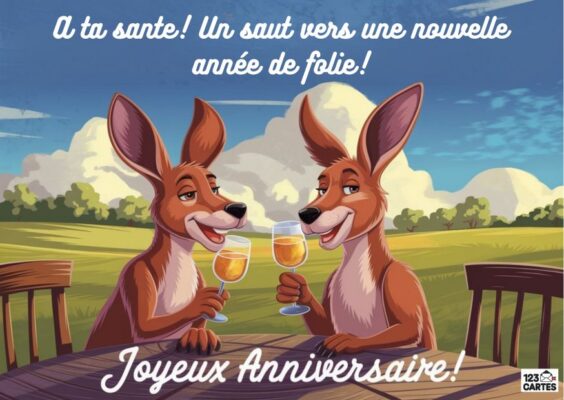 Carte d'anniversaire champêtre avec deux renards roux anthropomorphes trinquant avec des verres de vin dans un paysage de campagne verdoyant.