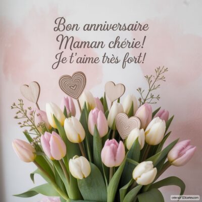 Un bouquet de tulipes roses et blanches avec des cœurs en bois, accompagné du message « Bon anniversaire Maman chérie ! »
