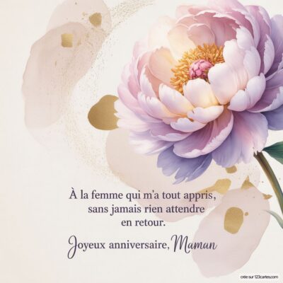Image d'une carte virtuelle avec une grande pivoine rose et un texte en hommage à maman : « Joyeux anniversaire, Maman ».