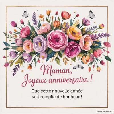 Carte d'anniversaire pour maman avec un bouquet de fleurs colorées et le texte : « Maman, Joyeux anniversaire ! »