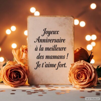 Carte d'anniversaire décorée de roses, avec le message « Joyeux Anniversaire à la meilleure des mamans ! Je t'aime fort. »