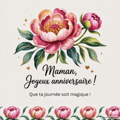 Carte d'anniversaire pour maman avec une grande fleur rose et un message doux : « Joyeux anniversaire ! Que ta journée soit magique ! »