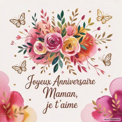 Carte d'anniversaire pour maman avec des fleurs colorées, des papillons et le message « Joyeux Anniversaire Maman, je t'aime ».