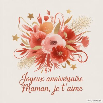 Bouquet de fleurs pastel avec inscription « Joyeux anniversaire Maman, je t'aime » et étoiles dorées.