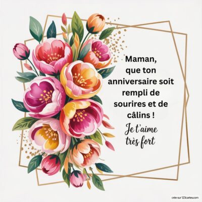Carte d'anniversaire avec des fleurs colorées et un message doux pour maman : Je t'aime très fort.