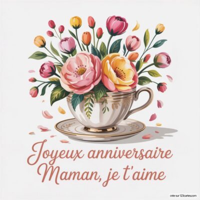 Carte d'anniversaire avec une tasse décorée de roses et de boutons de fleurs, écriture douce : Joyeux anniversaire Maman, je t'aime.