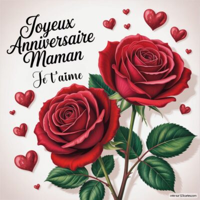 Deux roses rouges entourées de cœurs, avec le texte « Joyeux Anniversaire Maman. Je t'aime » en haut. »