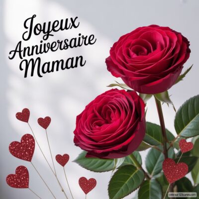 Deux roses rouges avec des cœurs en papier et le texte : Joyeux Anniversaire Maman en lettres élégantes.