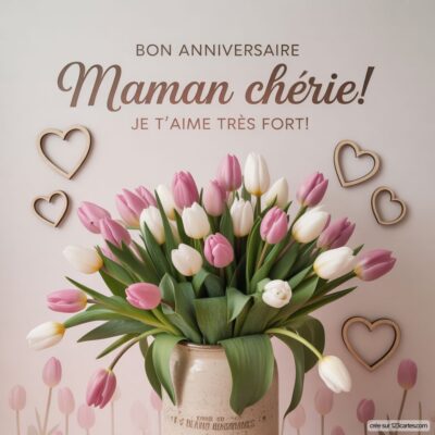 Bouquet de tulipes roses et blanches dans un vase, avec un fond doux et des cœurs, souhaitant un joyeux anniversaire à maman.