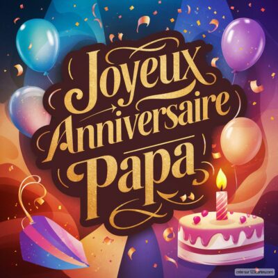 Fond coloré festif avec des ballons, un gâteau d'anniversaire et le texte stylisé « Joyeux Anniversaire Papa ».