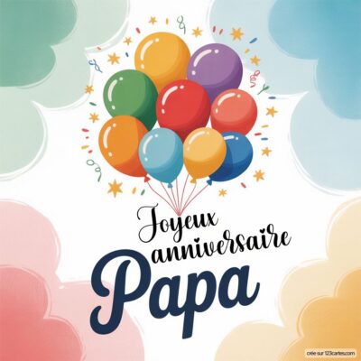 Carte d'anniversaire colorée avec des ballons et le texte : Joyeux anniversaire Papa au centre.
