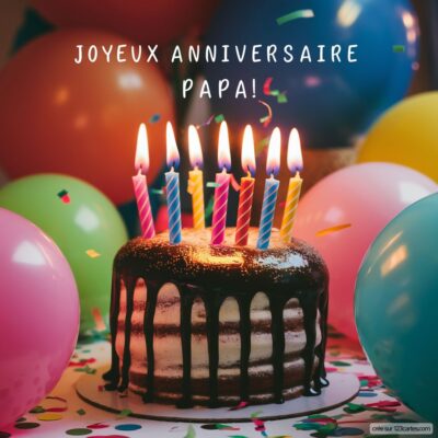 Gâteau d'anniversaire décoré avec des bougies colorées, entouré de ballons et de confetti.