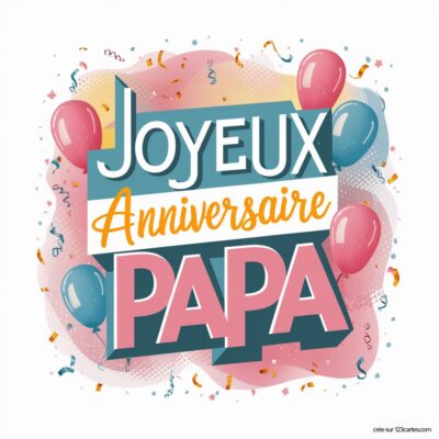 Carte d'anniversaire colorée avec les mots : Joyeux Anniversaire PAPA, décorée de ballons et de confettis.