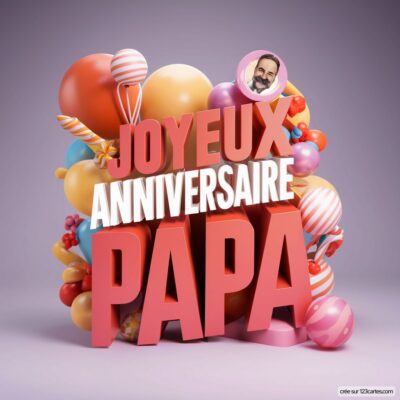 Décor coloré avec des ballons et des bonbons, texte en 3D : Joyeux Anniversaire Papa.