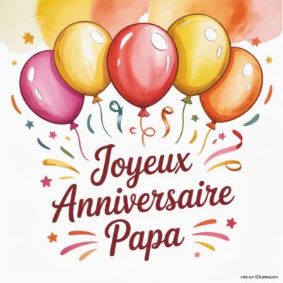 Quatre ballons colorés flottent au-dessus du texte « Joyeux Anniversaire Papa » décoré de confettis et d’étoiles.