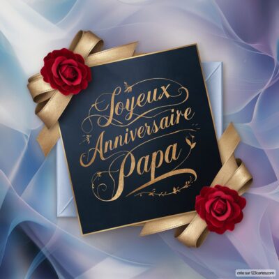 Carte virtuelle avec un fond en dégradé doux. Texte doré « Joyeux Anniversaire Papa » entouré de roses rouges et de rubans.