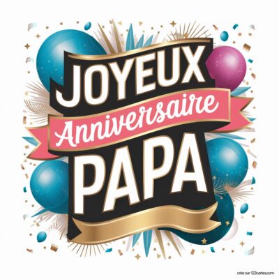 Carte colorée avec un message joyeux anniversaire en lettres stylisées, entourée de ballons et de confettis.