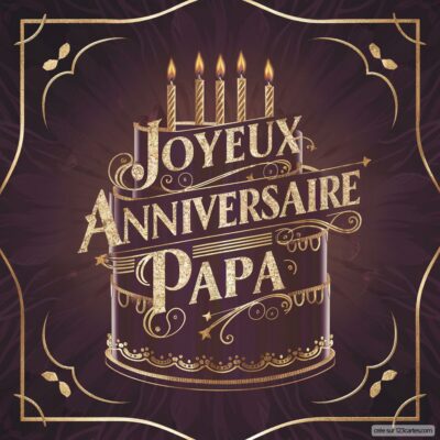 Carte d'anniversaire avec un gâteau violet orné de bougies, portant l'inscription « Joyeux Anniversaire Papa » en doré.