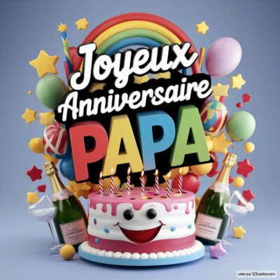 Carte d'anniversaire colorée avec un gâteau souriant, des ballons, des étoiles et un message « Joyeux Anniversaire Papa ».