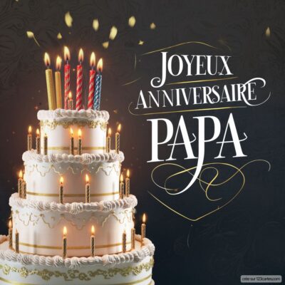 Gâteau d'anniversaire avec bougies, inscription « Joyeux anniversaire Papa » en lettres élégantes sur fond sombre.