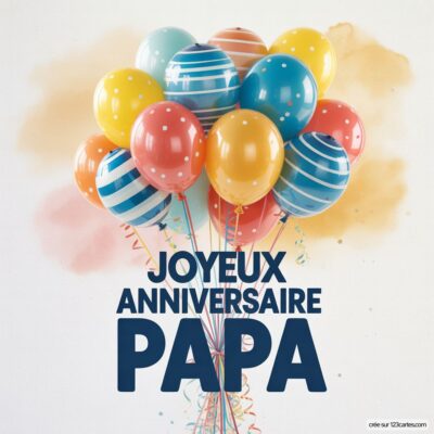 Un bouquet de ballons colorés avec le message « Joyeux Anniversaire PAPA » en lettres majuscules au centre.