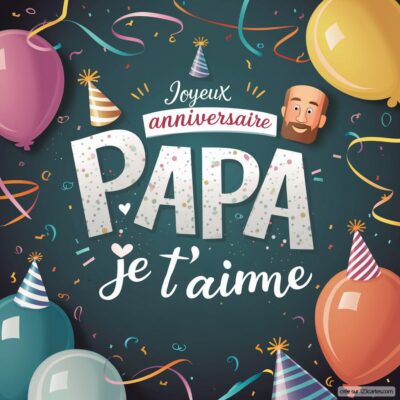 Carte virtuelle colorée pour un anniversaire, avec des ballons, des confettis et le texte « Joyeux anniversaire Papa » en lettres festives.