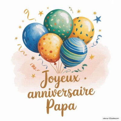 Illustration de ballons colorés avec des confettis et le texte « Joyeux anniversaire Papa » en lettres dorées.