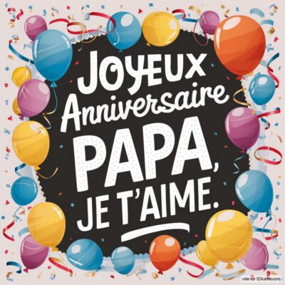 Carte d'anniversaire colorée avec des ballons et des confettis, mentionnant : Joyeux Anniversaire PAPA, JE T'AIME.