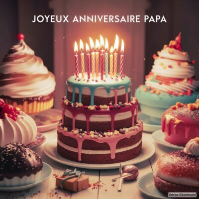 Carte d'anniversaire avec plusieurs gâteaux décorés, bougies allumées sur un gâteau central, message « Joyeux Anniversaire Papa ».