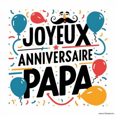 Carte d'anniversaire colorée avec le texte « Joyeux Anniversaire PAPA », des ballons et des confettis autour.