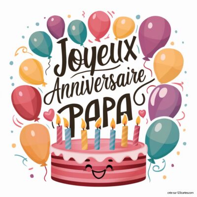 Carte d'anniversaire avec un gâteau souriant et des ballons colorés. Texte : Joyeux Anniversaire PAPA.
