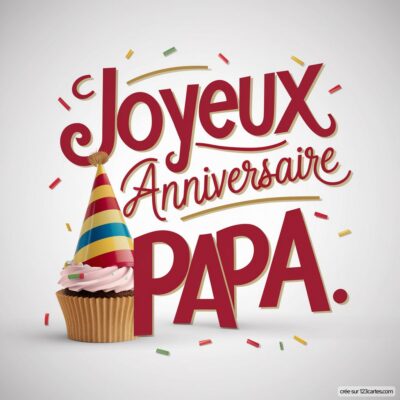 Carte d'anniversaire avec un cupcake et un chapeau de fête, texte en rouge : Joyeux Anniversaire Papa.