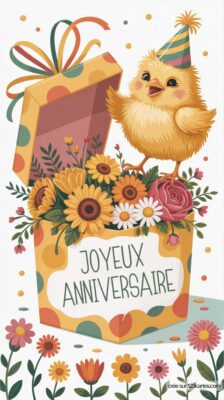 Carte d'anniversaire avec un poussin sortant d'une boîte ornée de fleurs et portant un chapeau. Inscription Joyeux Anniversaire.