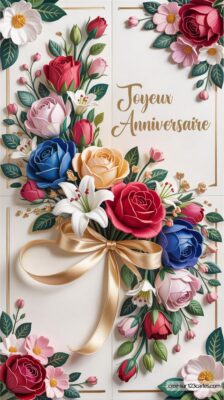 Carte d'anniversaire ornée de roses et de fleurs, avec un ruban et l'inscription Joyeux Anniversaire en lettres dorées.