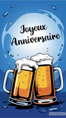 Deux chopes de bière avec de la mousse, sur fond bleu. Le texte Joyeux Anniversaire est inscrit au-dessus.