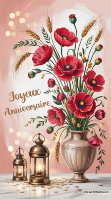 Vase de fleurs avec des coquelicots et des épis de blé, accompagné de lanternes. Texte Joyeux Anniversaire en arrière-plan.
