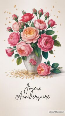 Bouquet de roses dans un vase blanc avec des pétales tombés et des confettis, accompagné du texte Joyeux Anniversaire.